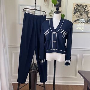 St John Navy Blue Santana Knit 2pc Pant Suit M 6